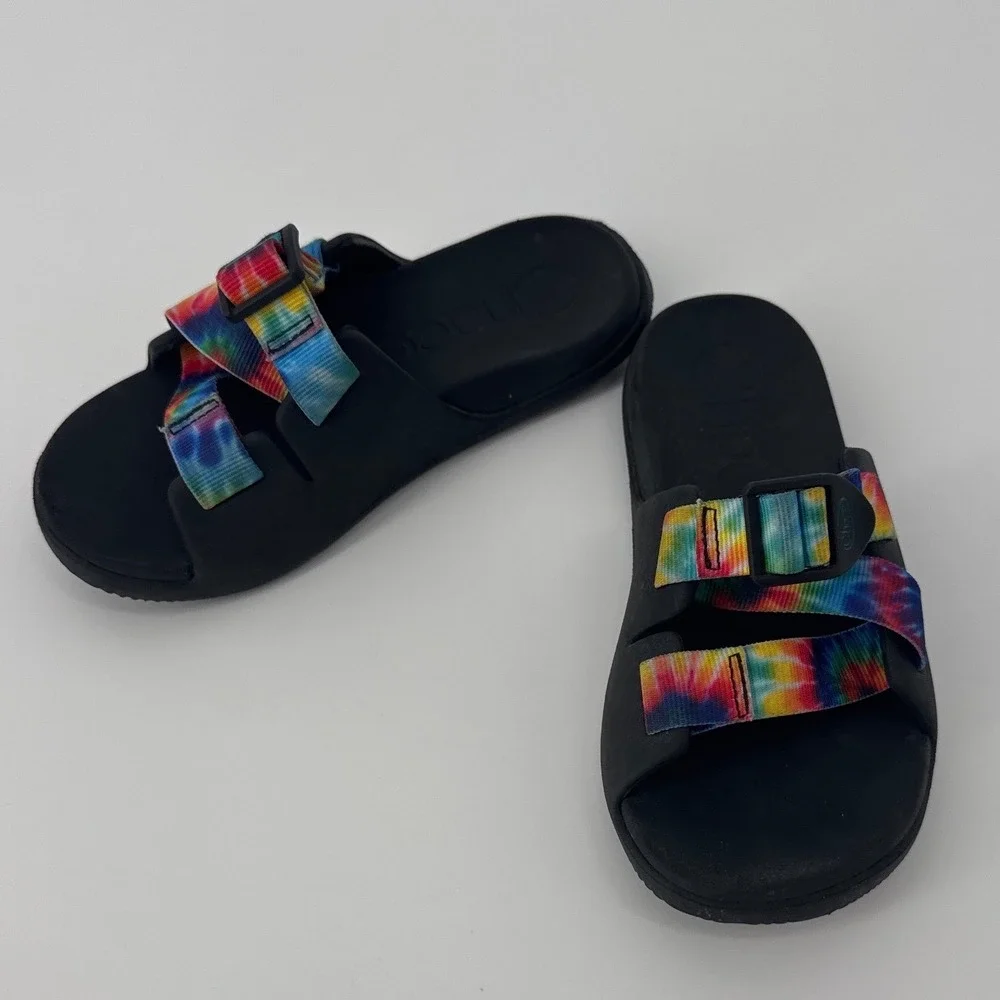 Chaco Chillos Kids Slide Sandals Size 2 Rainbow Tie Dye Adjustable Straps